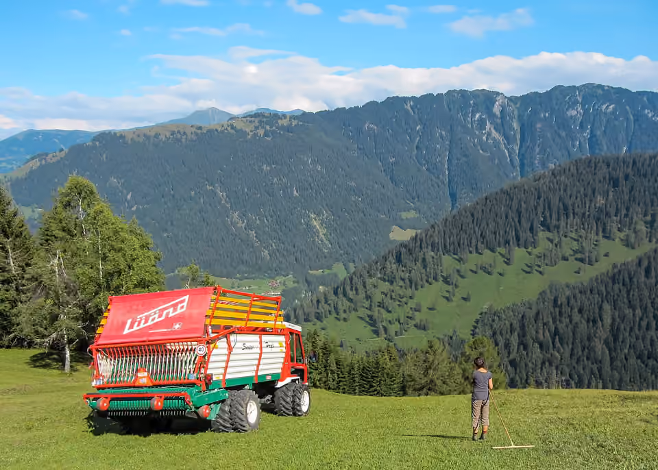 Récolte du foin avec un véhicule agricole à Versam, dans les Alpes suisses.