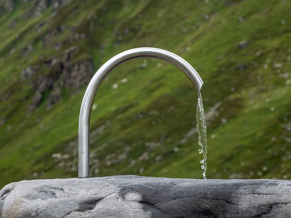 Une fontaine et son bassin près de la chapelle Sainte-Barbe au col de la Bielerhöhe, dans les Alpes autrichiennes.