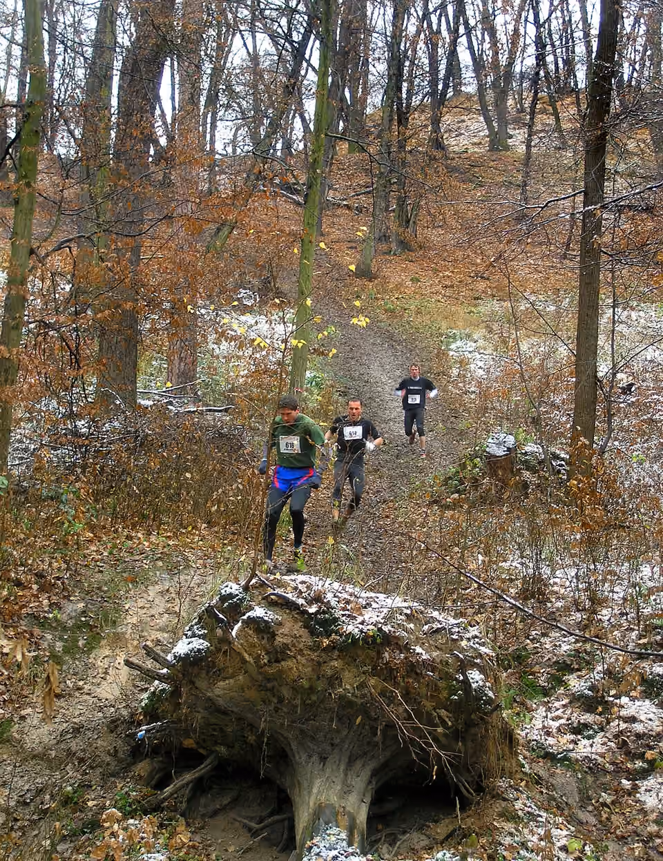Coureurs sur une pente du parcours de la Velká kunratická à Prague.