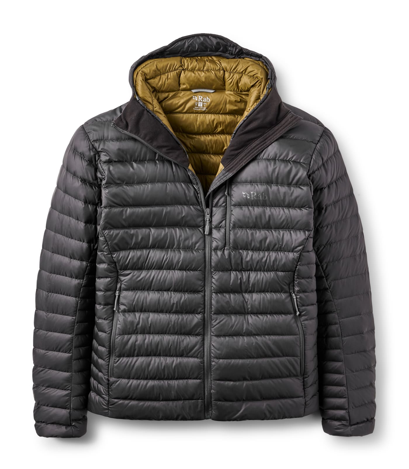 La doudoune Rab Microlight Alpine Hoody de la collection automne-hiver 2026, gris anthracite et doublure olive, photographiée de face sur fond blanc.