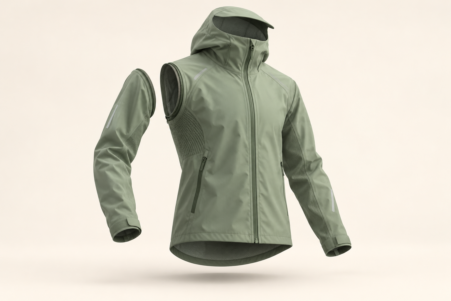 Illustration conceptuelle générée par IA : veste outdoor vert sauge à capuche, avec une manche détachée pour montrer la modularité.