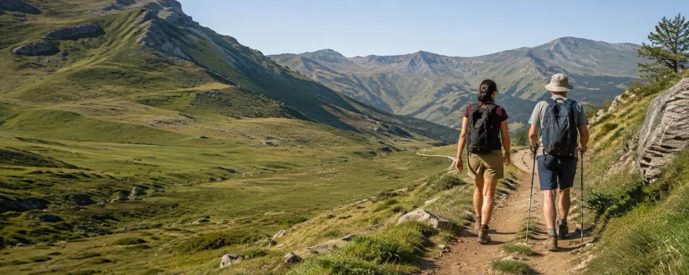 Deux randonneurs sur un sentier au milieu de collines verdoyantes et de reliefs montagneux