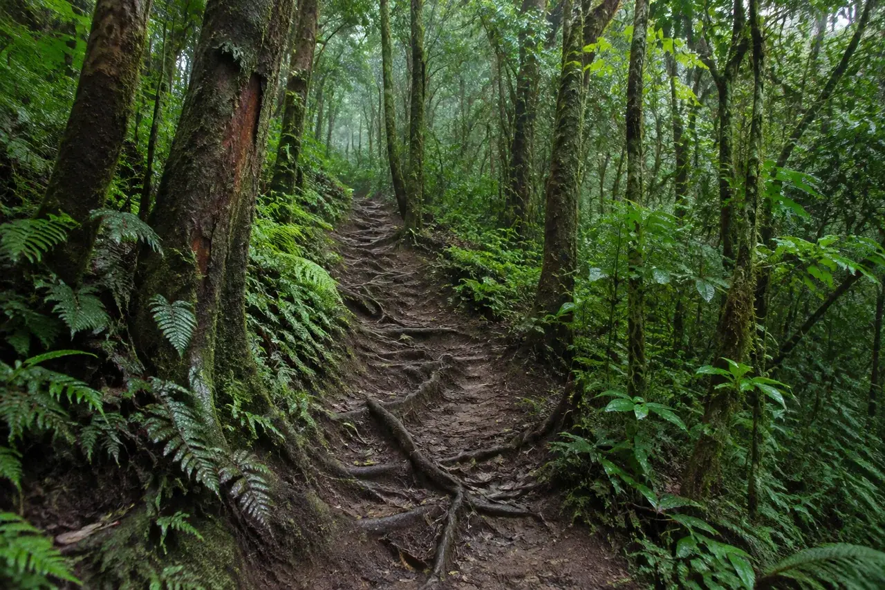 Sentier enraciné dans une forêt humide de montagne en Martinique