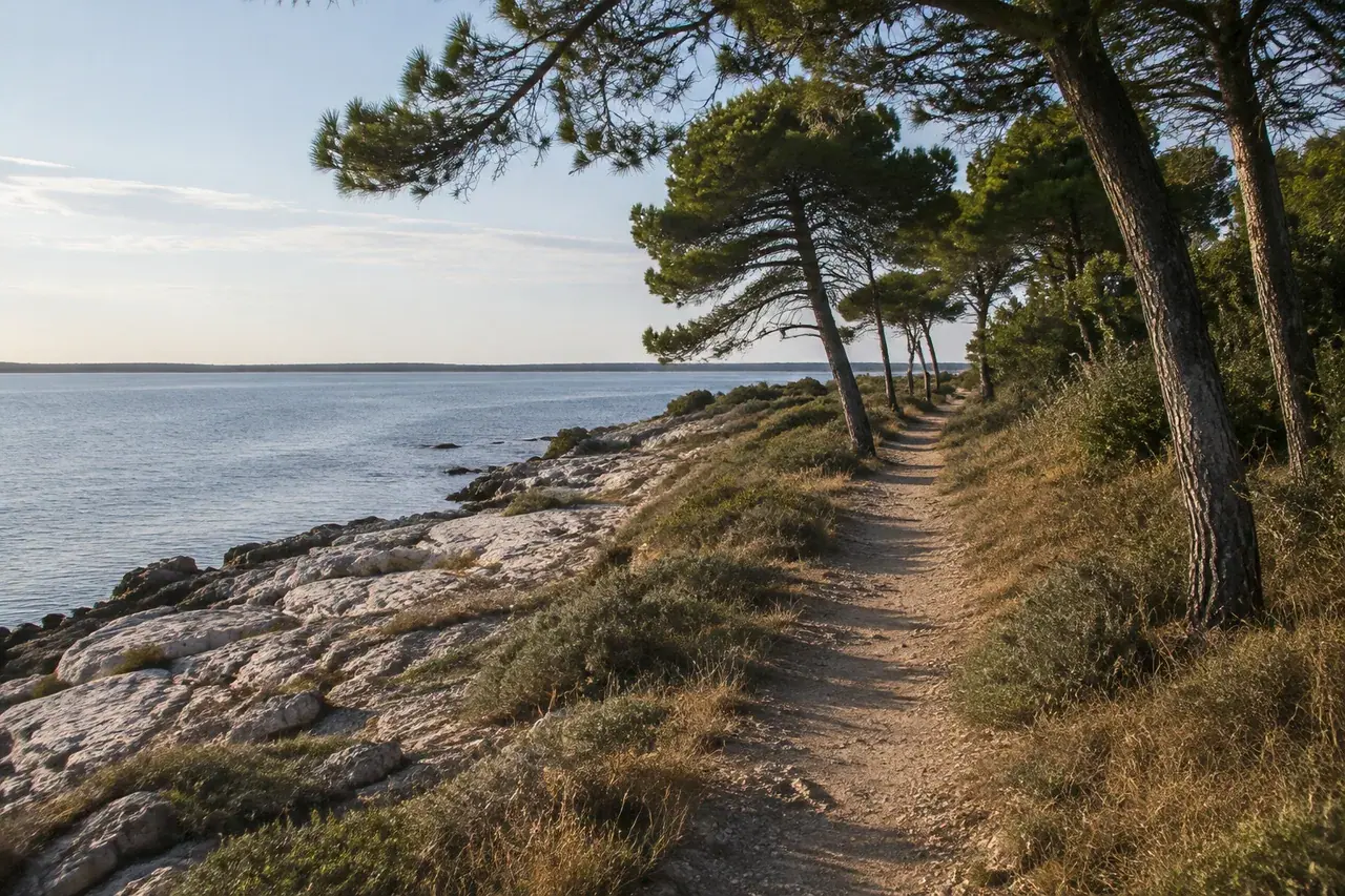 Sentier littoral calcaire et pins maritimes au-dessus de l’estuaire de la Gironde