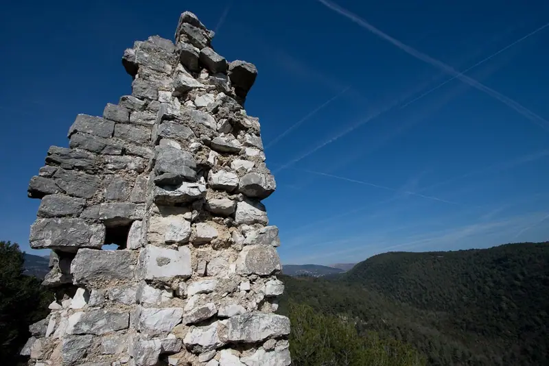 Vestige en pierre de la tour du Castellas dominant un paysage boisé à Roquefort-les-Pins.