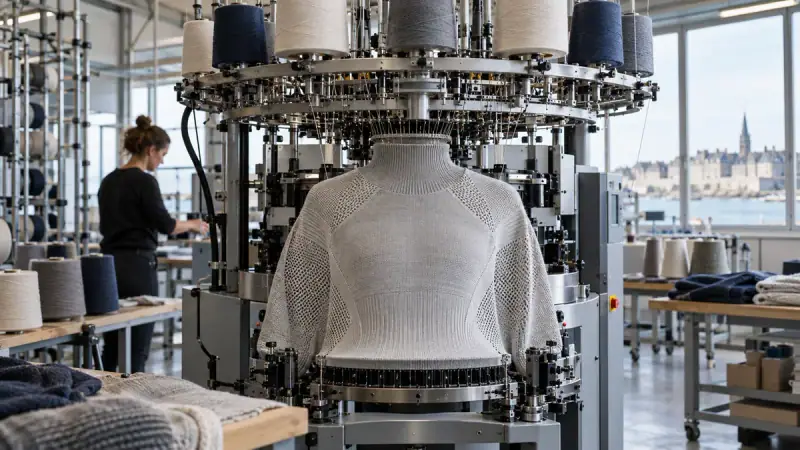 Illustration réaliste générée par IA montrant une machine de tricotage industriel, ses bobines de fil et un pull en maille sans couture en cours de fabrication dans un atelier.