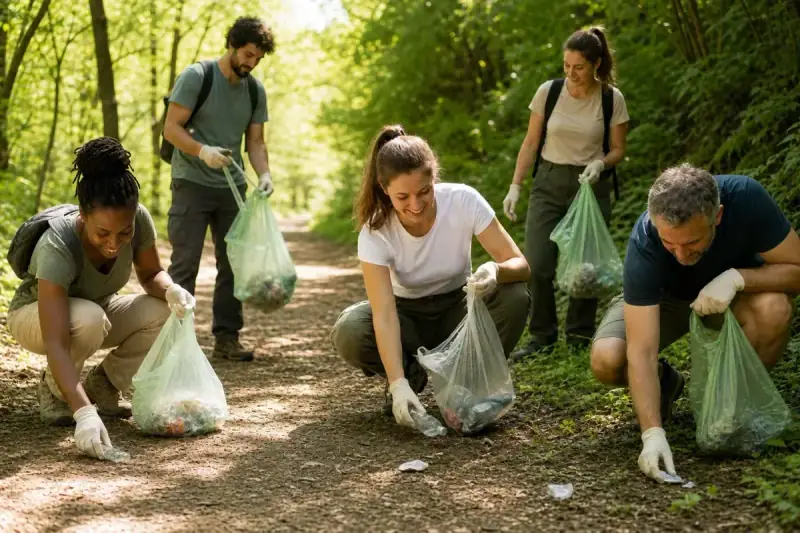 Illustration d’un groupe ramassant des déchets avec des gants et des sacs sur un chemin forestier.
